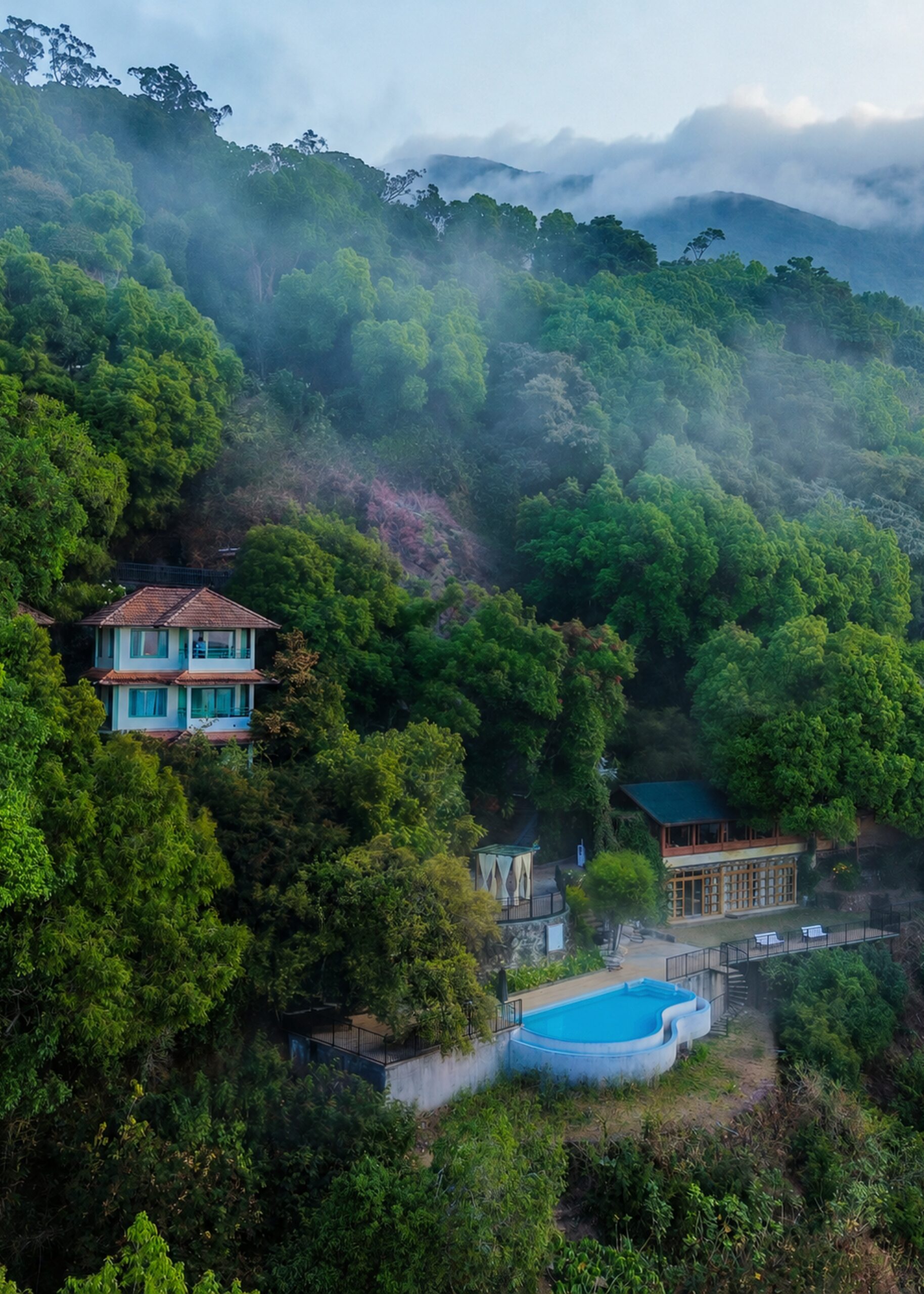 Misty aerial view of Blackberry Hills Munnar Nature Resort & Spa