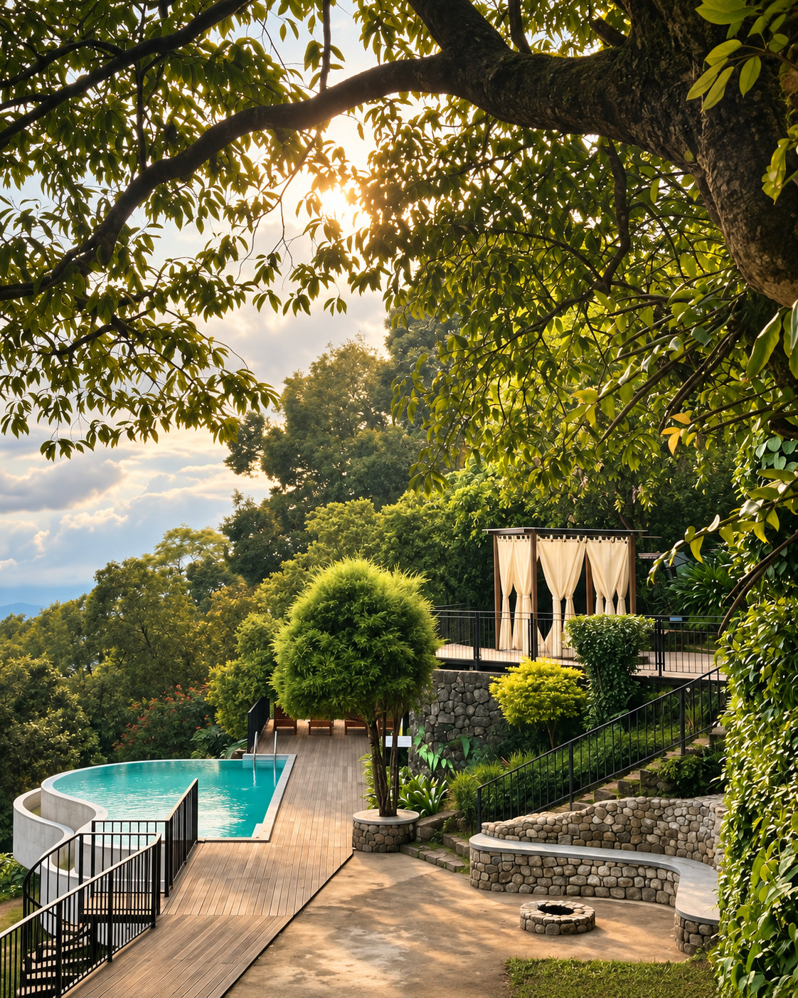 Pool and landscaped hillside at Blackberry Hills Munnar