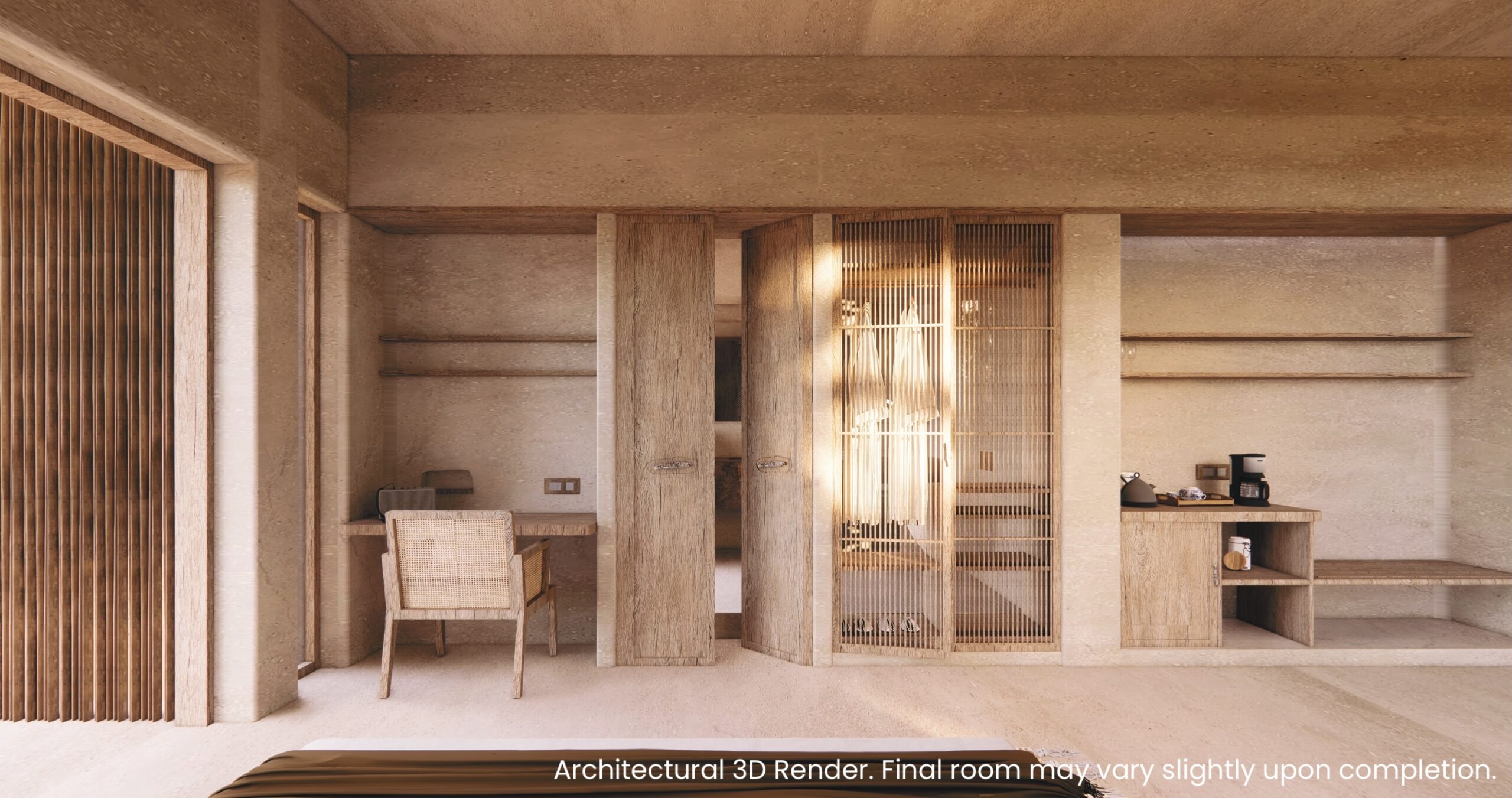 Architectural 3D render of Grand Valley Bungalow interiors at Blackberry Hills Munnar
