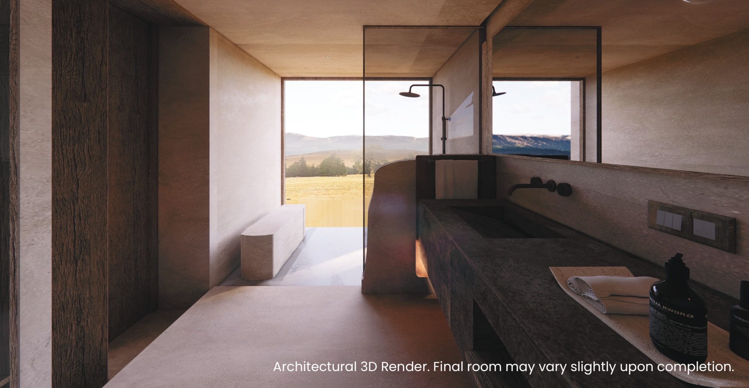 Architectural 3D render of Grand Valley Bungalow bathroom at Blackberry Hills Munnar