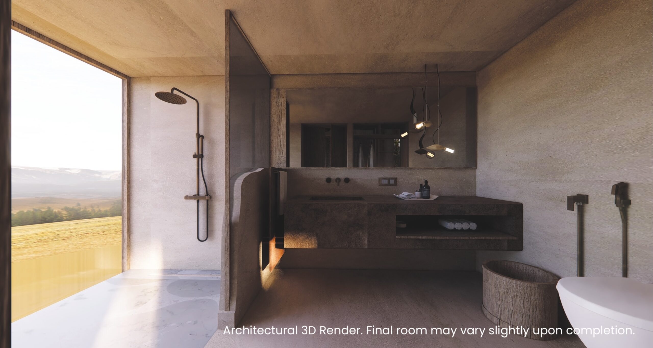 Architectural 3D render of Grand Valley Bungalow rain shower and bathroom at Blackberry Hills Munnar