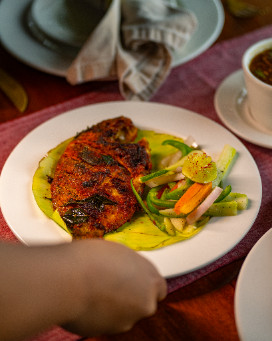Fish dish served at Hornbill Restaurant, Blackberry Hills Munnar