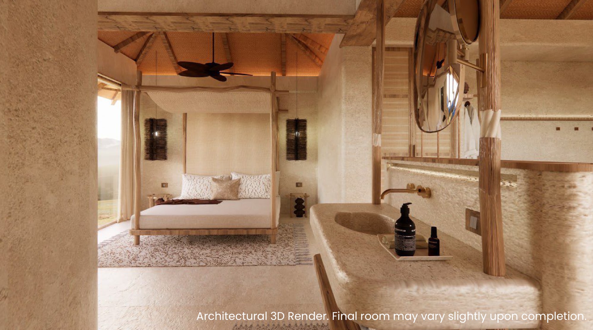 Architectural 3D render of the Valley Edge Sanctuary bedroom at Blackberry Hills Munnar